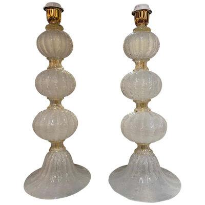 Pair of Murano Frosted Silk Glass Ball Form Lamps