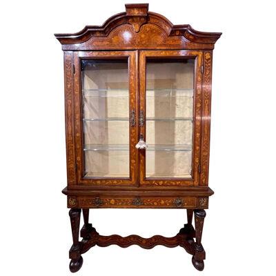19th Century Dutch Marquetry Inlaid Mahogany Narrow Display Cabinet