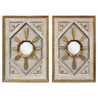 Pair of Italian Carved and Painted Panels with Mirrored Centers