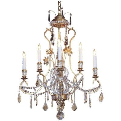Decorative Italian Gold Patinated Iron and Crystal Chandelier
