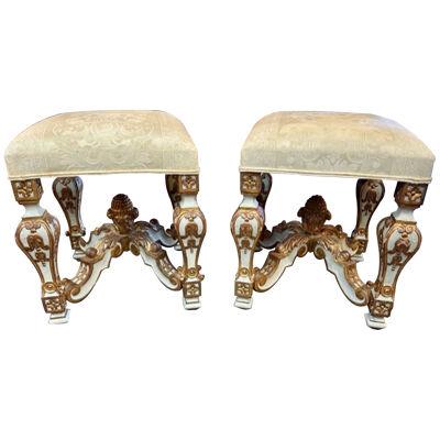 Pair of Vintage Italian Carved and Parcel Gilt Benches