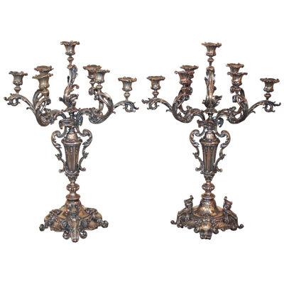 Superb Pair of Continental Silvered Candelabra
