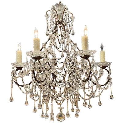 Antique Italian Beaded Crystal Chandelier with Drops