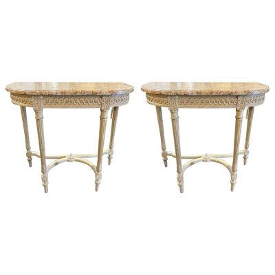 Pair of French Louis XVI Style Carved Poly-Chrome Consoles with Marble Tops