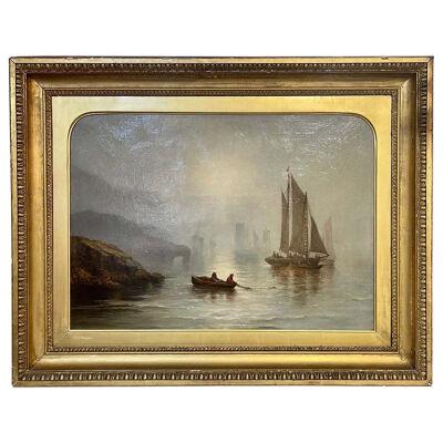 19th Century Dutch Oil on Canvas Boat Scene in Original Giltwood Frame