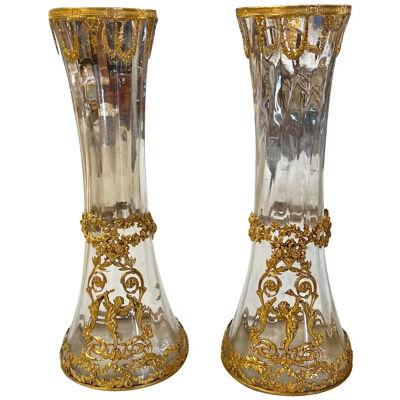 Pair of 19th Century Glass and Dore Bronze Vases