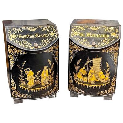 Pair of Vintage English Painted Tole Tea Can Side Tables with Chinoiserie Design