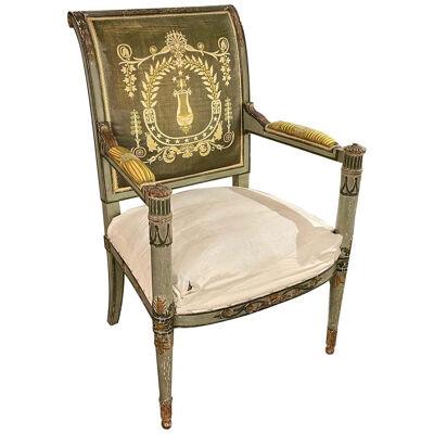 19th Century Italian Neo Classical Carved and Painted Arm Chair