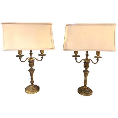 Pair of French Bronze 2-Light Lamps with Silk Shades
