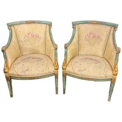 Pair of 19th Century Italian Carved and Parcel Gilt Bergeres