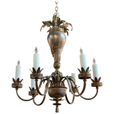 20th Century Continental Style Silvered Brass 6-Light Chandelier