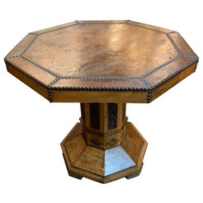 Octagonal Shaped Carved Side Table with Leather Top