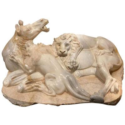 Monumental Carved White Marble Animalier Sculpture Group