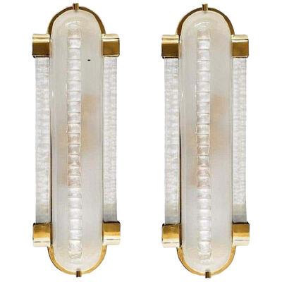 Pair of Frosted Murano Glass and Brass Modern Sconces