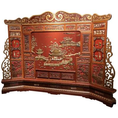 Dramatic and Large Antique Chinese Red Lacquer Screen