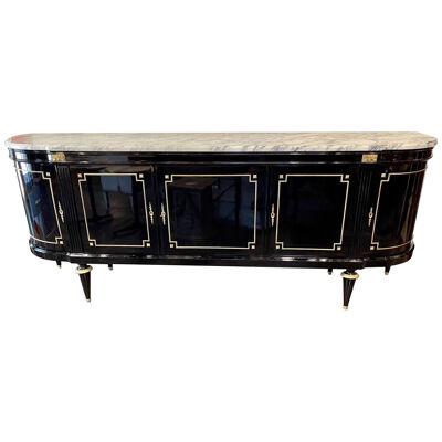 French Louis XVI Style Black Lacquered Side Board with Marble Top
