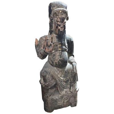 19th Century Qing Dynasty Hand Carved Wood Figure of Guanyu