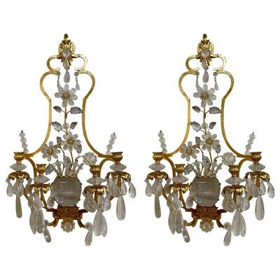 Pair of Italian Baguès Style Rock Crystal and Gilt Metal Sconce