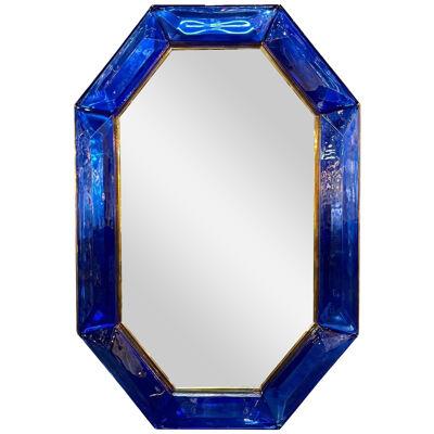 Large Scale Blue Murano Glass and Brass Mirror