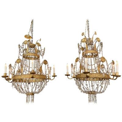 Pair of 18th Century Italian Gilt Metal Beaded and Crystal Chandeliers