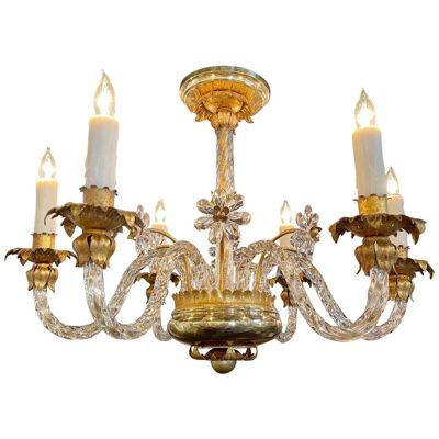 Vintage Italian Gilt Tole and Glass 6 Light Chandelier with Flowers