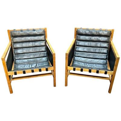 Pair of MCM Oak and Leather Arm Chairs