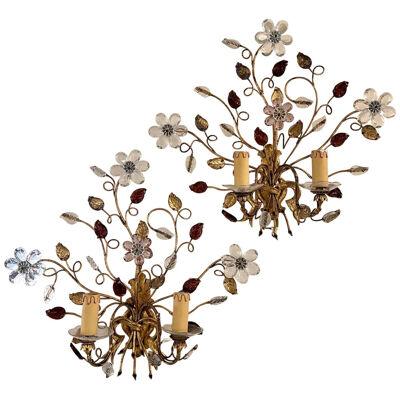 Pair of Vintage Italian and Gilt Metal and Crystal Flower and Leaf Sconces