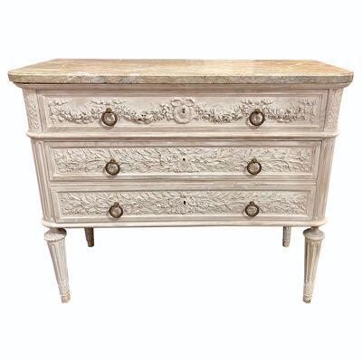 19th Century French Carved Whitewashed Walnut Commode