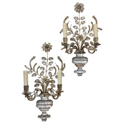 Pair of Vintage French Bagues Crystal Sconces