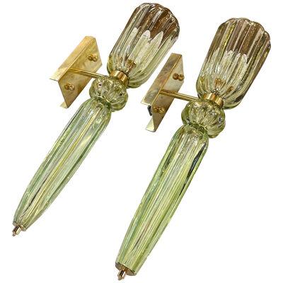 Pale Green Murano Glass and Brass Sconces by Seguso