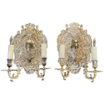 Pair of 19th Century English Silver Plate over Bronze 2 Light Sconces