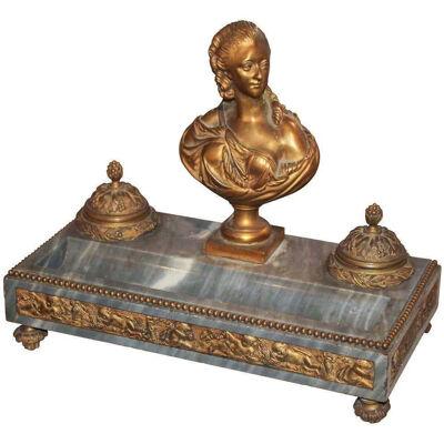 Antique French Bronze and Marble Inkwell, circa 1880
