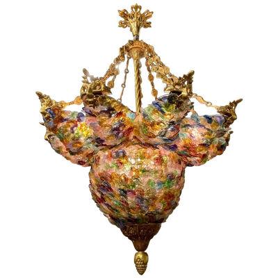 Vintage Italian Multicolored Murano Glass and Bronze Chandelier