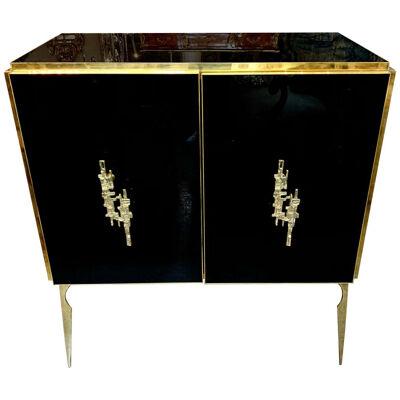 Modern Italian Black Glass and Brass Side Table