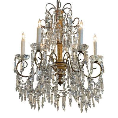 Antique Italian Crystal and Giltwood Chandelier