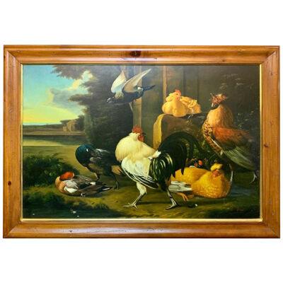 Large Scale European Oil on Canvas Painting of Chickens and Roosters