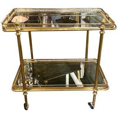 Vintage French Polished Brass Bar Cart with Black Glass