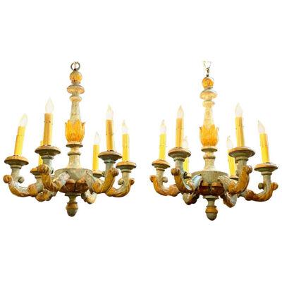 Petite 18th Century Italian Carved and Painted 6-Light Chandeliers