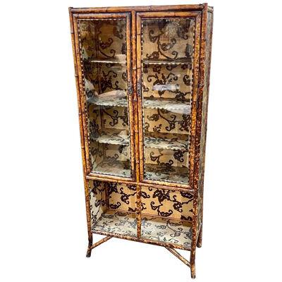 English Bamboo and Tortoise Style Cabinet with Embossed Leather