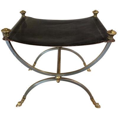 Midcentury French Jansen Style Brass and Leather Stool