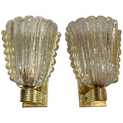 Pair of Modern Murano Glass and Brass Gold Cup Sconces