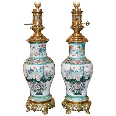 Antique Pair of Chinese Rose Medallion Porcelain Lamps