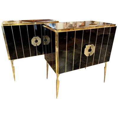 Pair of Murano Black Glass and Brass Side Tables