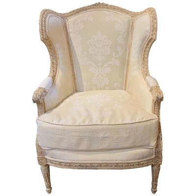 19th Century French Louis XVI Style Carved and White Washed Bergère