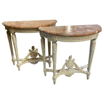 Pair of 18th Century French Louis XVI Style Carved and Painted Consoles