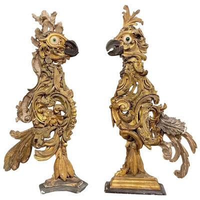 Pair of 18th Century Italian Carved and Giltwood Fragment Rooster Sculptures