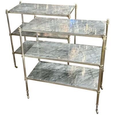 Vintage French Jansen Style Steel and Marble Etagere Tables