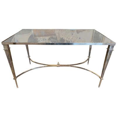Midcentury French Jansen Style Steel Coffee Table with Mirrored Top