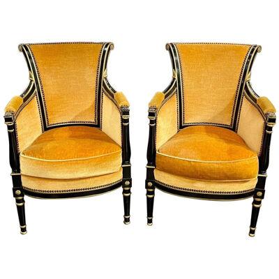 Pair of French Black Lacquered Jansen Style Armchairs