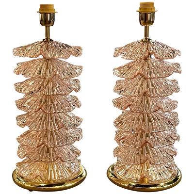 Pair of Modern Pink Murano Glass and Brass Lamps
